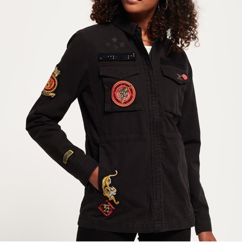Superdry The Rookie Army Jacket Washed Black Cotton Canvas Womens Size 6